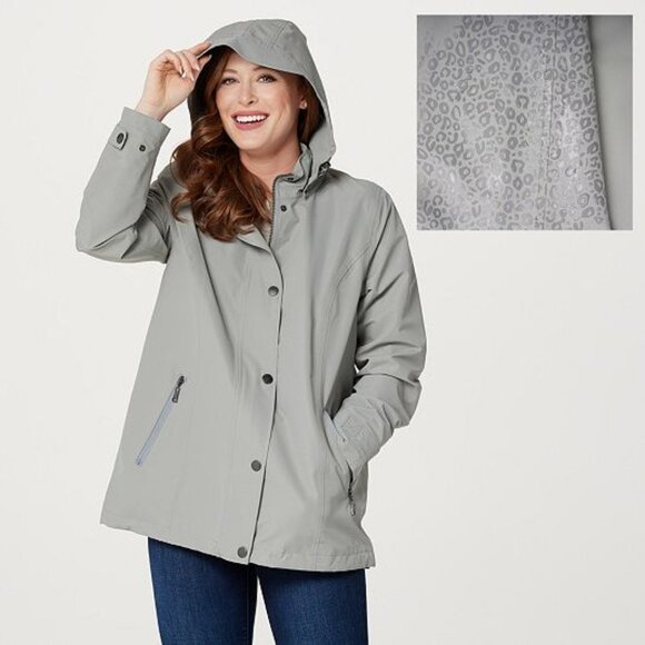 Nuage Invisiprint Raincoat Waterproof Jacket Hooded Women's L Gray Leopard NWOT - Picture 1 of 16